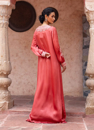 Watermelon red satin paisley kaftan
