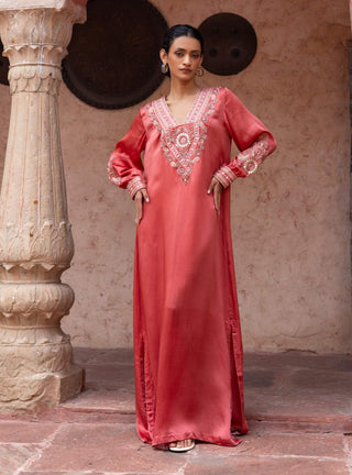 Watermelon red satin paisley kaftan