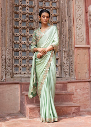 Mint green paisley embroidered sari and blouse