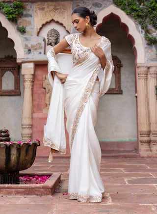 White satin paisley embroidered sari and blouse