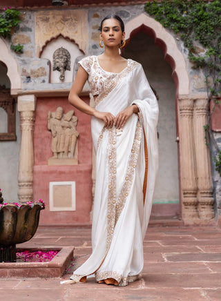 White satin paisley embroidered sari and blouse
