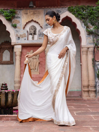 White satin paisley embroidered sari and blouse