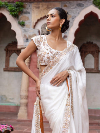 White satin paisley embroidered sari and blouse