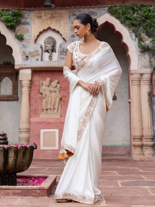 White satin paisley embroidered sari and blouse