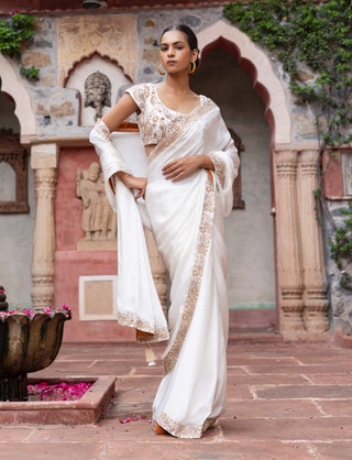 White satin paisley embroidered sari and blouse