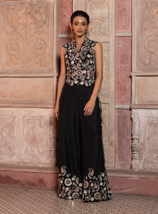 Black paisley embroidered waistcoat and pants