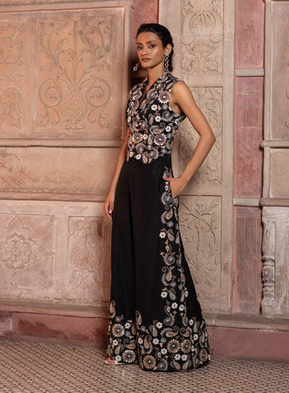 Black paisley embroidered waistcoat and pants