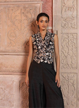 Black paisley embroidered waistcoat and pants