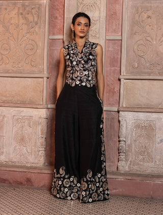 Black paisley embroidered waistcoat and pants