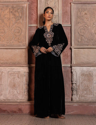 Black velvet paisley embroidered kaftan