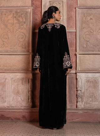 Black velvet paisley embroidered kaftan