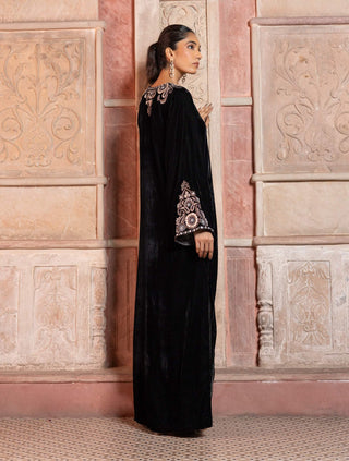Black velvet paisley embroidered kaftan