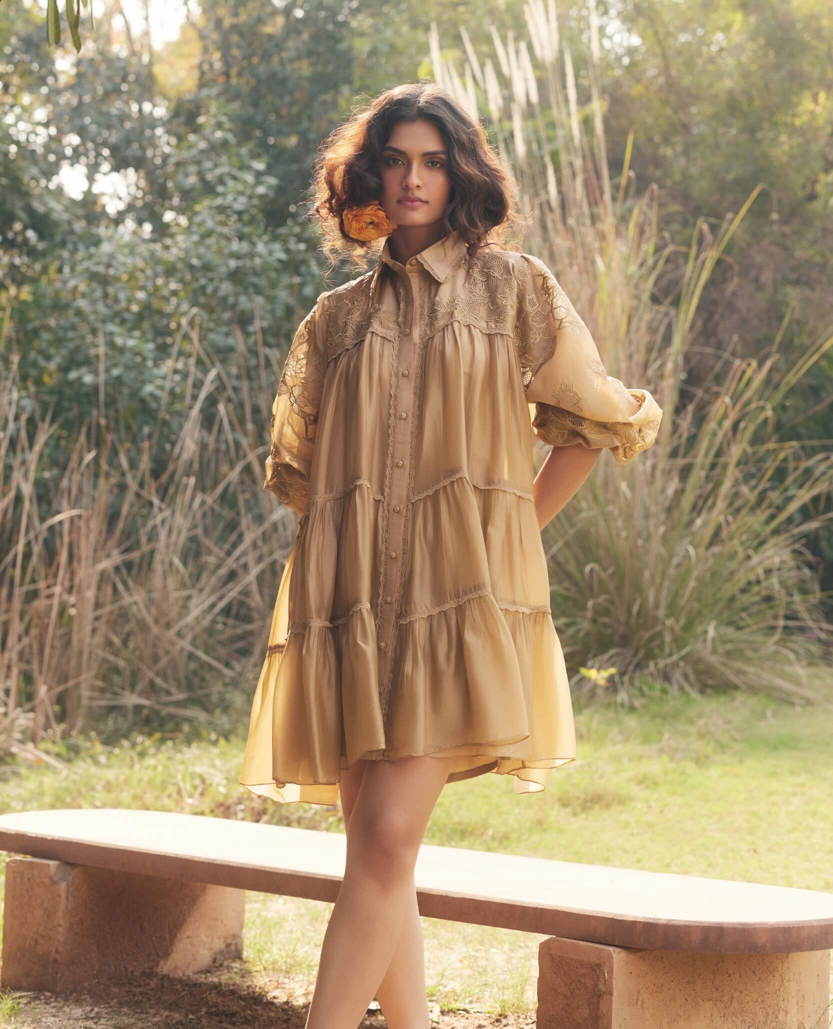 beige organza dress HAPPY CLOTHING BEIGE FLORAL TWEED AND ORGANZA MAXI DRESS IN BEIGE