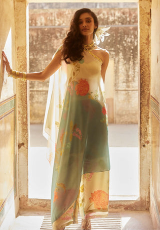 Paulmi & Harsh-Ivory Printed Dress And Trouser Set-INDIASPOPUP.COM