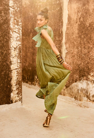 Paulmi & Harsh-Sage Green Maxi Dress And Scarf-INDIASPOPUP.COM