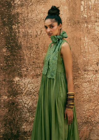 Paulmi & Harsh-Sage Green Maxi Dress And Scarf-INDIASPOPUP.COM