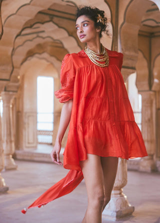 Paulmi & Harsh-Vermilion Orange Short Dress Set-INDIASPOPUP.COM