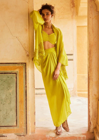 Paulmi & Harsh-Lime Yellow Draped Skirt And Jacket Set-INDIASPOPUP.COM