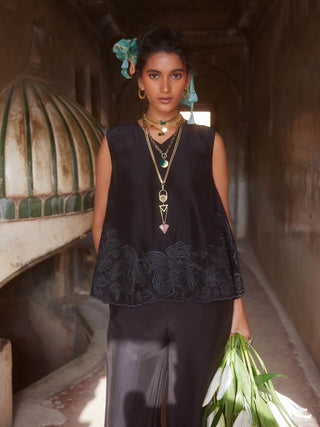 Paulmi & Harsh-Black Floral Embroidered Top And Trouser Set-INDIASPOPUP.COM