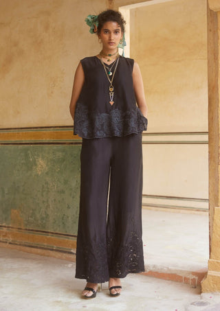 Black floral embroidered top and trouser set