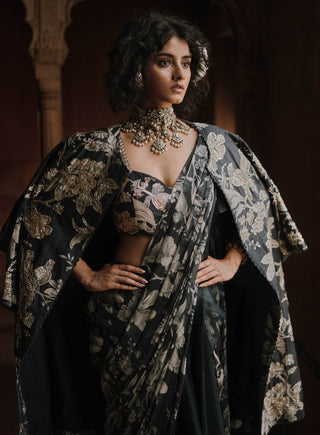 Navy Blue Pre-Stitched Sari And Jacket Set by Paulmi & Harsh available on Indiaspopup.com