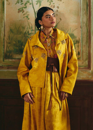 Mustard yellow hiatus jacket, shirt and skirt set