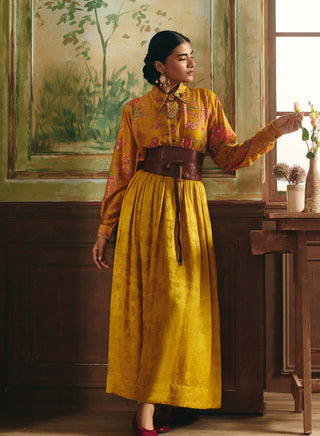 Mustard yellow hiatus jacket, shirt and skirt set