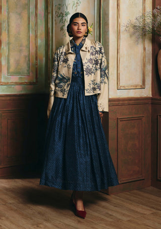Ivory and navy blue cecily shirt, skirt and shacket set