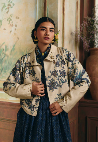 Ivory and navy blue cecily shirt, skirt and shacket set