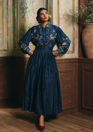 Ivory and navy blue cecily shirt, skirt and shacket set