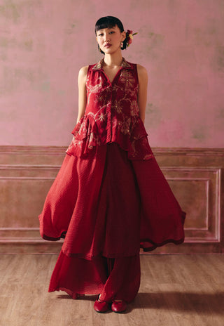 Cherry red cherie kurta, pant and gilet set