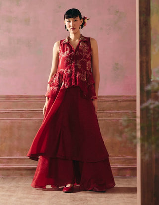 Cherry red cherie kurta, pant and gilet set