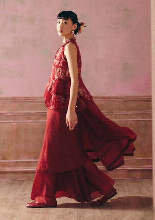 Cherry red cherie kurta, pant and gilet set