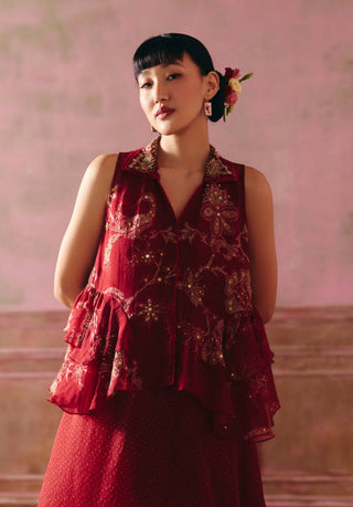 Cherry red cherie kurta, pant and gilet set