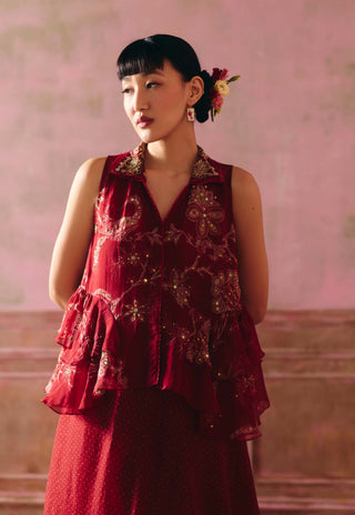 Cherry red cherie kurta, pant and gilet set