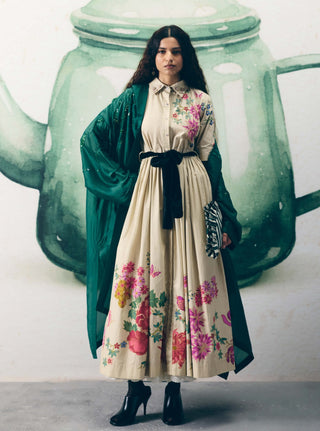 Ivory moonflower tie dress with belt