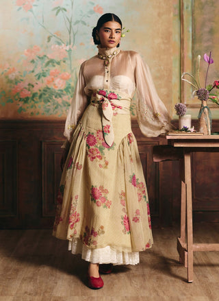 Ivory floral solstice shirt and skirt set