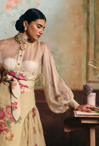 Ivory floral solstice shirt and skirt set