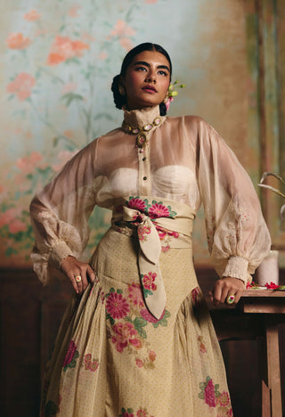 Ivory floral solstice shirt and skirt set