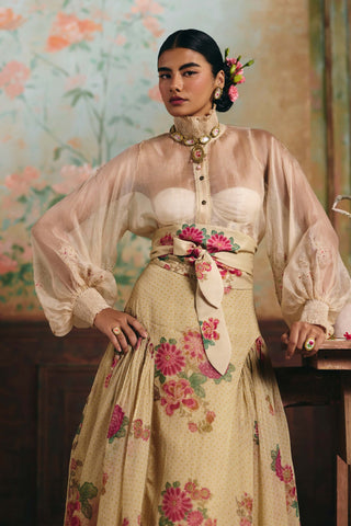 Ivory floral solstice shirt and skirt set