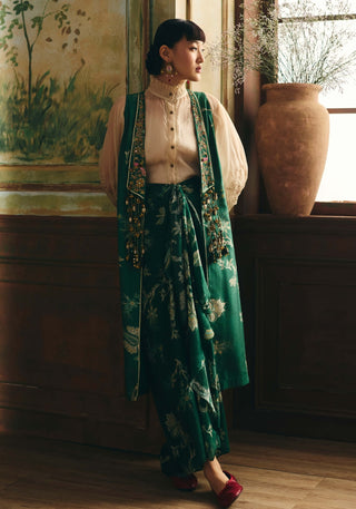 Ivory and emerald green serein jacket, shirt and skirt set