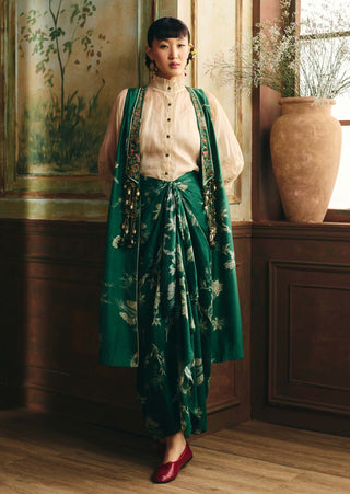Ivory and emerald green serein jacket, shirt and skirt set