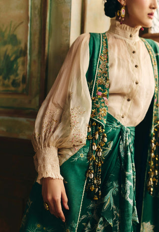 Ivory and emerald green serein jacket, shirt and skirt set