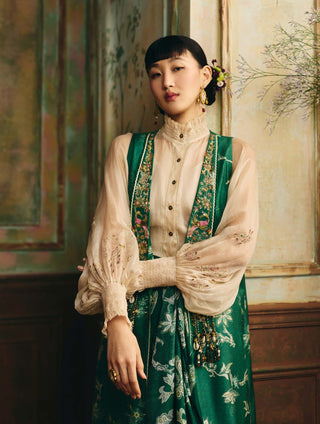 Ivory and emerald green serein jacket, shirt and skirt set