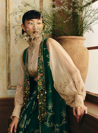 Ivory and emerald green serein jacket, shirt and skirt set