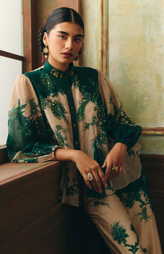Ivory and emerald green oriel shirt and trouser