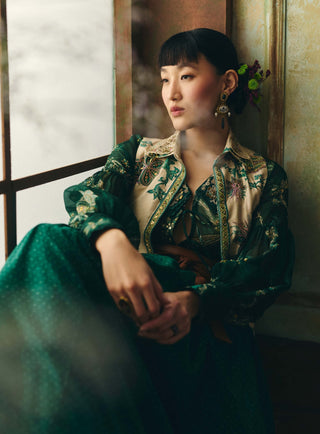 Ivory and emerald green petunia shirt and skirt set