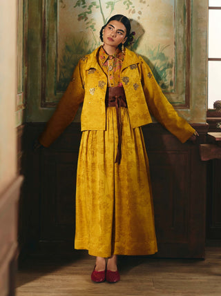 Mustard yellow hiatus jacket, shirt and skirt set