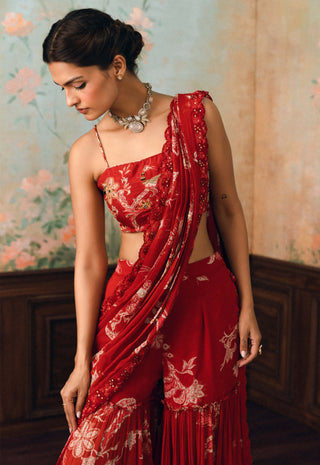Crimson red zia sharara sari set