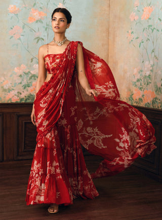 Crimson red zia sharara sari set